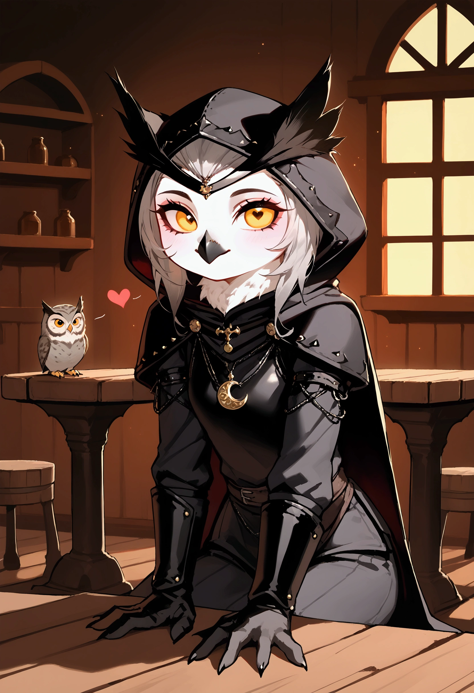 ((A 25-year-old female snow owl with an athletic build)), covered in mottled brown and white feathers like an owl, sits at a wooden table in a medieval tavern. Her large, round amber eyes and heart-shaped face with a sharp beak give her an intense look. She wears a dark grey tunic with silver embroidery, lightweight black leather armor, and a large steel shoulder pauldron adorned with runes. Her leather trousers are tucked into knee-high, metal-reinforced boots. A dark mantle with a fur-lined hood cascades from her shoulders, partially covering her folded owl wings. A silver crescent moon amulet hangs around her neck as she scans the room with a blend of grace and strength.