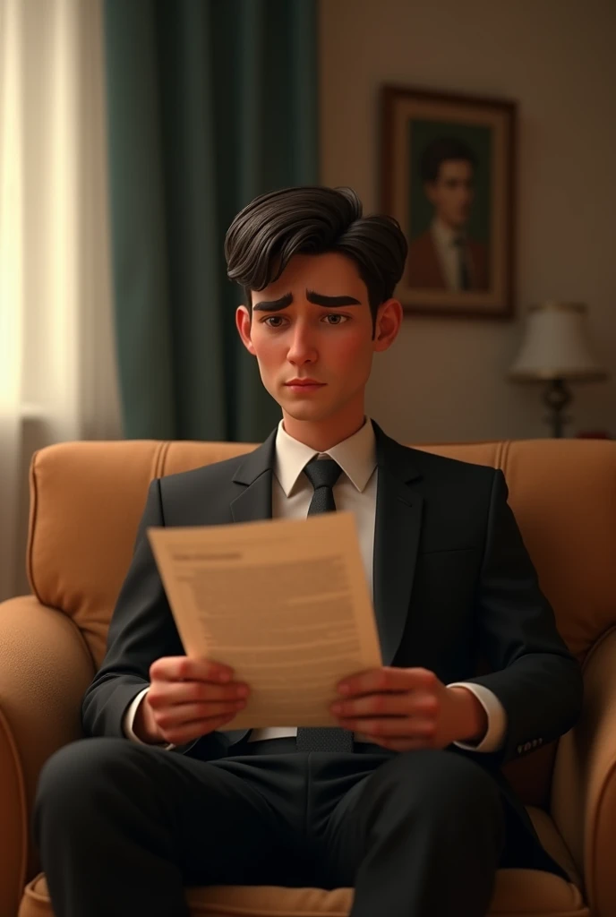 A sad successful young business man reading a telegram at his home , portrait, pixar style, 3d , high-aesthetic, cinematic, masterpiece