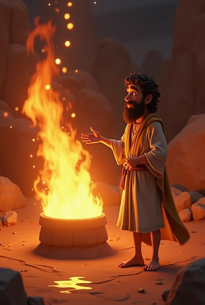 create a pixar photo of the prophet elijah from the bible. he's still young. I want him asking God to send fire from heaven and burning the sacrifice, the altar and the water around it