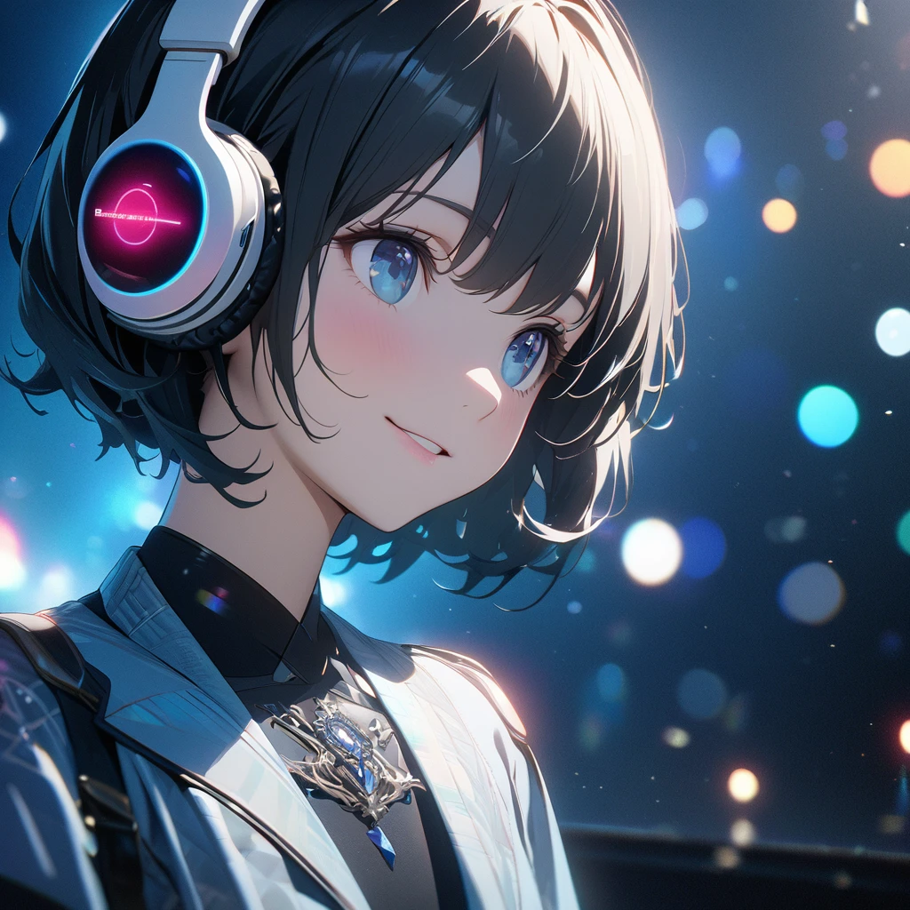 ((ultra-detailed))/three women: (one women with short black hair and bob hair.、beautiful blue eyes,.、smile、gentle smile on her face、flat chest, one Beautiful girl,((masterpiece, illustration, best quality) ((ultra-detailed))/solid white background, while wearing wireless white headphones, full upper body, ),濃い青とBeautiful Blueのグラデーション, High resolution, 8K HD detail, hyper-detail, cinematic, surrealism, soft light, deep field focus bokeh, ray tracing and surrealism. --v6, light blue background