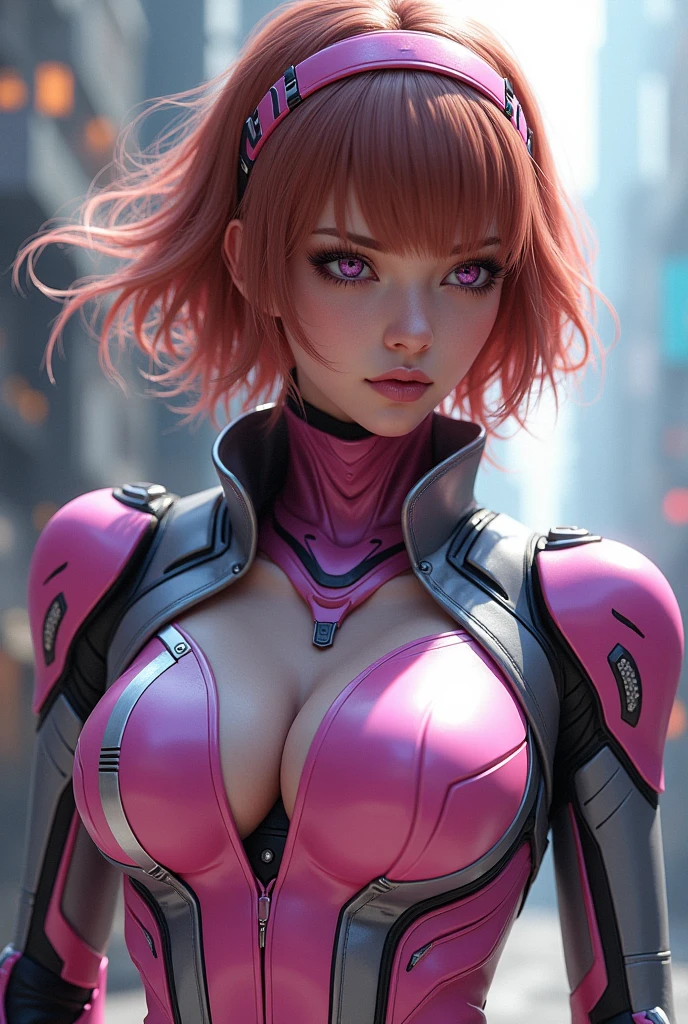 creates a beautiful woman with short wavy shoulder-length reddish-brown hair, she also has white bangs that cover her left eye, she also has intense purple eyes, she wears tight-fitting pink and silver mecha armor showing her athletic figure with some muscle and a large bust, she also wears a silver leather jacket, she also wears a pink and purple headband and a black laser sword