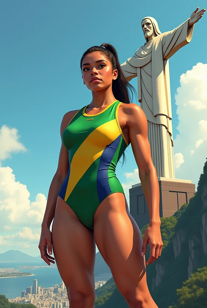 Create an image of Rebeca Andrade, the Brazilian gymnast, standing in a confident pose. She should have a powerful yet graceful physique, wearing a vibrant gymnastics leotard with Brazilian colors (green, yellow, and blue). Rebeca should have medium-brown skin, long black hair tied back in a sleek ponytail, and a focused expression. Next to her, place a 50 cm tall cardboard cutout of the Cristo Redentor statue, resembling the iconic statue from Rio de Janeiro."