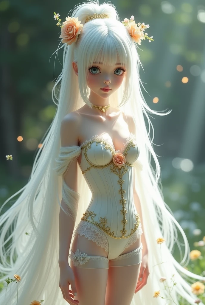 8K UHD, Digital SLR, Soft lighting, High quality, ((best quality)) ((best quality)), ((masterpiece)), (detailed), 4k image, anime style, full leggings under skirt, fair caramel brown skin, African looking facial features, sexy white halter neck crop shirt, long white frilly skirt, fair caramel brown skin, white-blonde hair, sharp facial features, small elegant nose, full thick lips, thin and slender body type, small narrow waist line, hips, long flowing pixie cut hair, European gothic style clothing, low-top boots, no skin showing