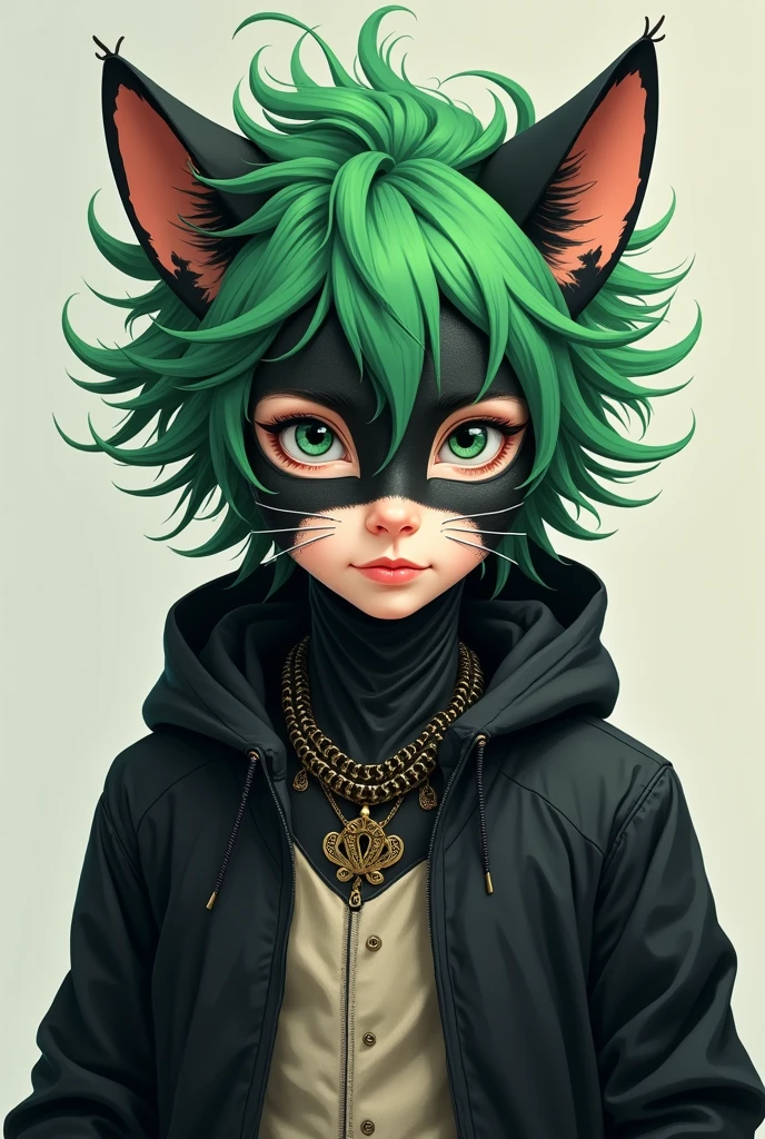 Boy in cat costume with black jacket and green hair