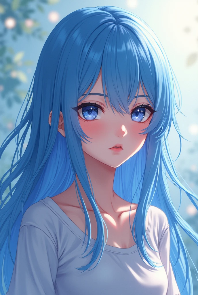 Long blue haired anime teenager