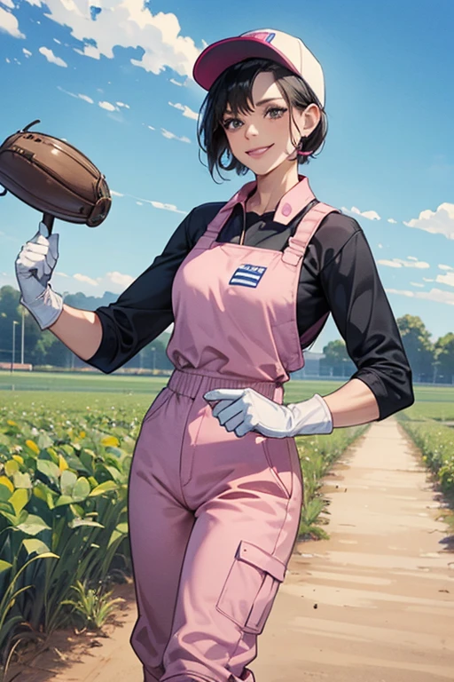 A muscular, short-haired mature woman with black hair, wearing a blue long-sleeved jumpsuit and a baseball cap, working in the fields while wearing large pink rubber gloves and white rubber boots and smiling　