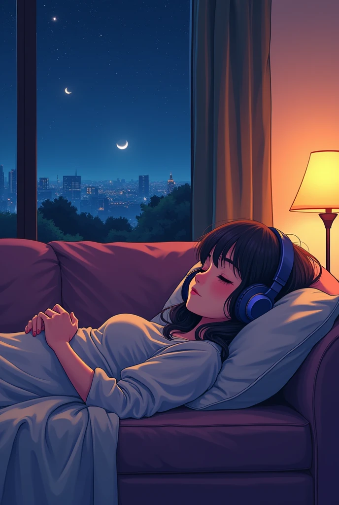A woman with headphones sleeps comfortably on a sofa at night, wide angle lens, anime , LoFi Illustration, Aesthetic atmosphere, lo-fi style, vector art, Plain design, simple way, warm tones, Pleasant atmosphere, cool, in anime style, digital drawing, vector art, Vector logo for t-shirt printing, (adorable:1.5), (little:1.4), (playful:1.2), (Suave:1.3), (Capricious:1.1), masterpiece, of the highest quality, 8k, intricate details, grow, celestial, mysterious, picturesque, Amazing, majestic, magic, Fantasy Art, cover art, dreamlike