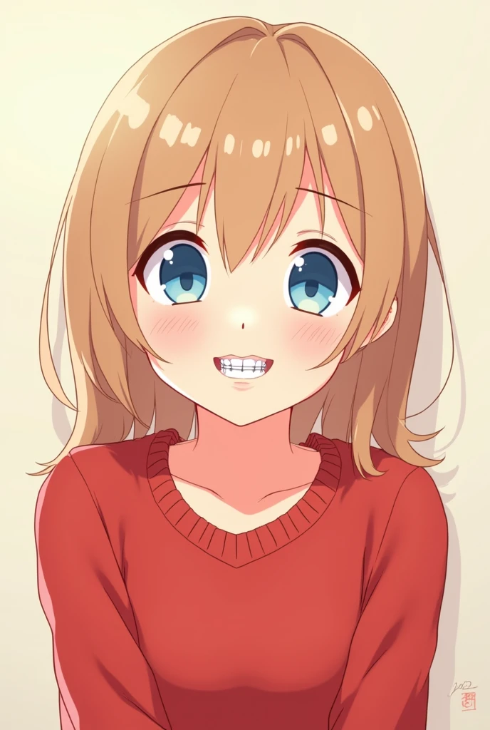 Anime style character with hair below the ears, whitey, light blue eyes, Brown hair between light and dark, smiling, with a red sweater and braces