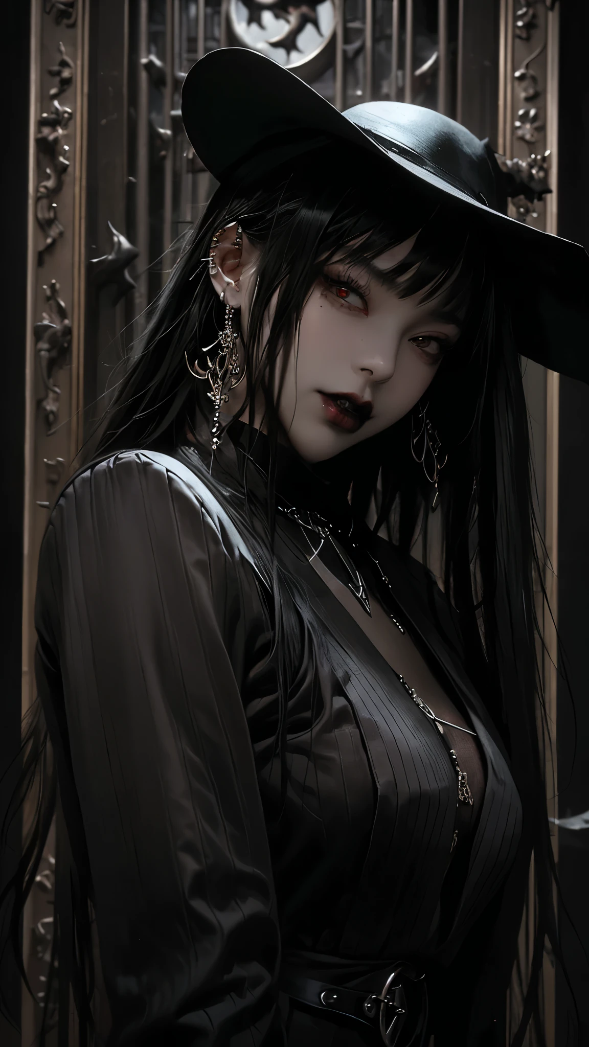 A captivating gothic catgirl, adorned with a black hat, poses against a backdrop of digital art by Yang J. Trendsetting CG society themes intertwine with gothic and fantasy gothic art elements. Her enchanting eyes and dark, mystical aura exude an air of beauty and allure. The artwork, in the style of fantasy, showcases a dark, brooding portrait of a gothic catgirl, with a touch of Tom Bagshaw's distinctive dark fantasy art style.8k