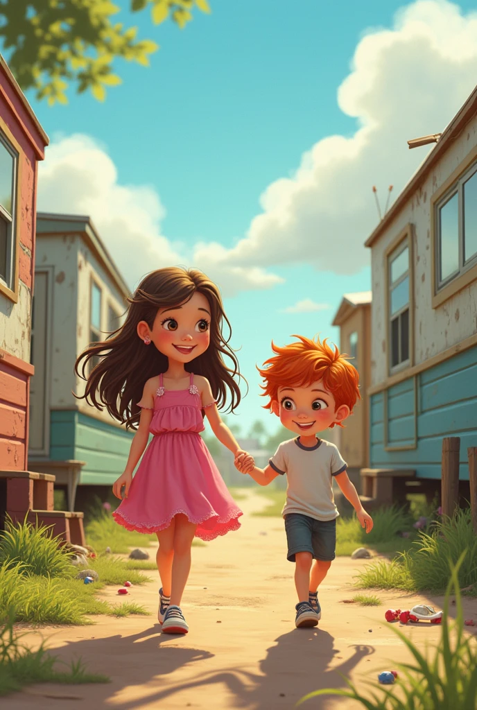 A with brown hair dressed in pink clothes and a red-haired boy holding hands walking through a trailer park