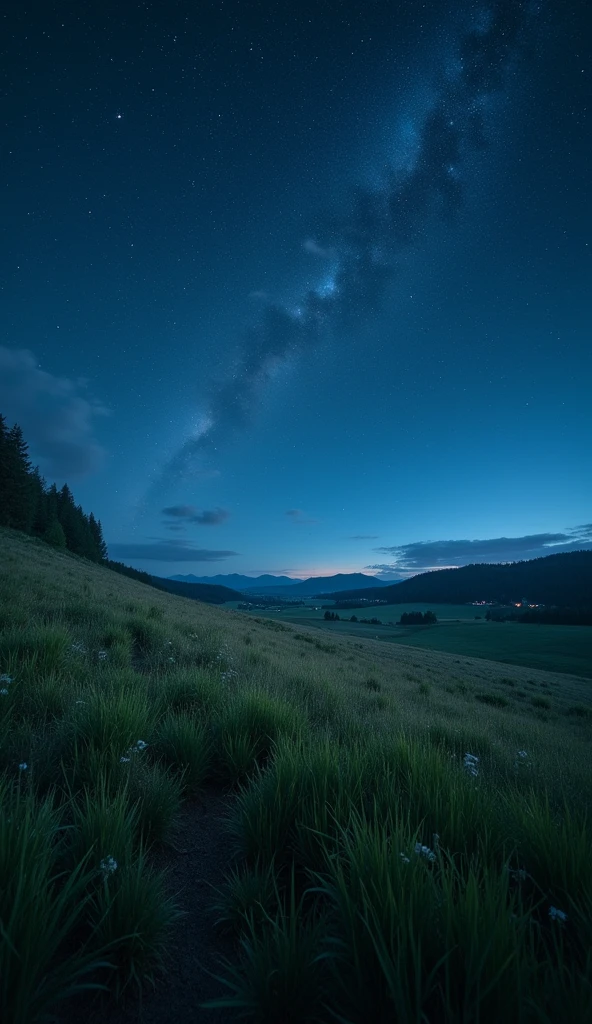 View of the grassland with night sky and fireflies