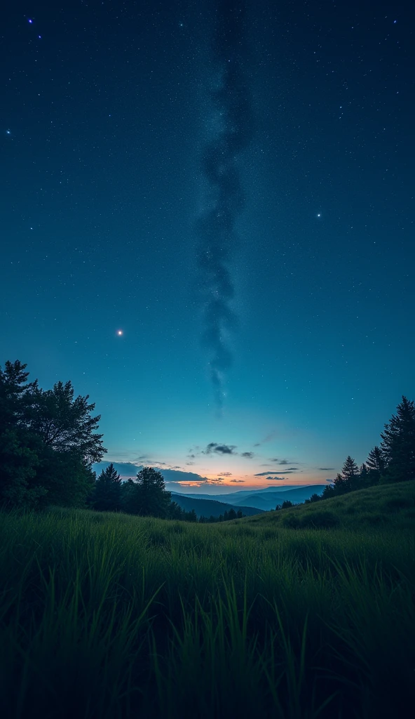 View of the grassland with night sky and fireflies