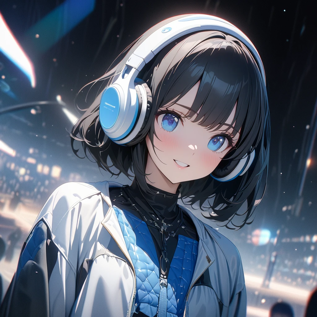 ((ultra-detailed))/three women: (one women with short black hair and bob hair.、beautiful blue eyes,.、smile、gentle smile on her face、flat chest, one Beautiful girl,((masterpiece, illustration, best quality) ((ultra-detailed))/solid white background, while wearing wireless white headphones, full upper body, ),濃い青とBeautiful Blueのグラデーション, High resolution, 8K HD detail, hyper-detail, cinematic, surrealism, soft light, deep field focus bokeh, ray tracing and surrealism. --v6, light blue and black background
