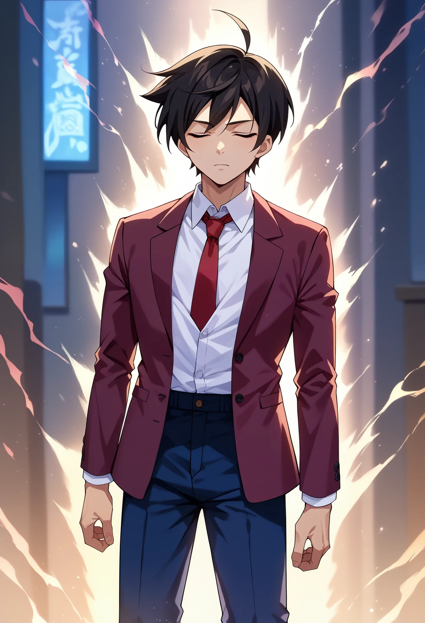 score_9, score_8_up, score_7_up, 1boy, solo, male focus, sakuTomo, black hair, short hair, ahoge, maroon blazer, unbuttoned blazer, long sleeves, red necktie, white shirt, dark blue pants, standing, inexpressive, ((light aura)), light around, blinding light, closed eyes, bedroom
