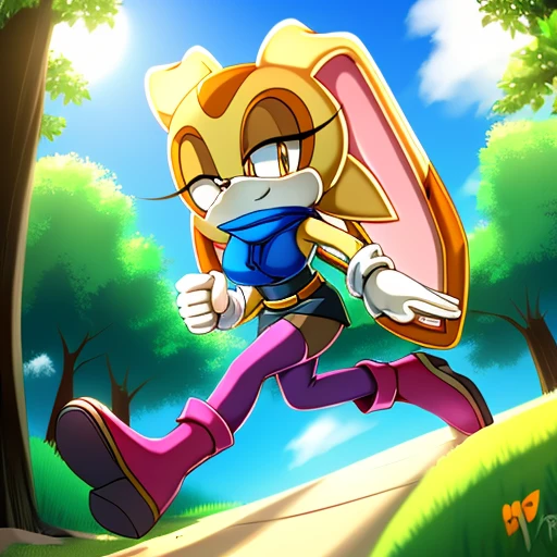Female, Mobian, Rabbit, Cream the Rabbit, sonic the hedgehog \(series\), rabbit girl, ((solo)), ((1girl)), hair bangs, young adult, average sized breasts, hair on top of shoulders, long hair, blue anime styled scarf, orange athletic dress, blue sash belt, short black tights, knee length leggings, boots, white gloves, black arm warmers, Anime Style, Running, park background, daytime, nice lighting through trees