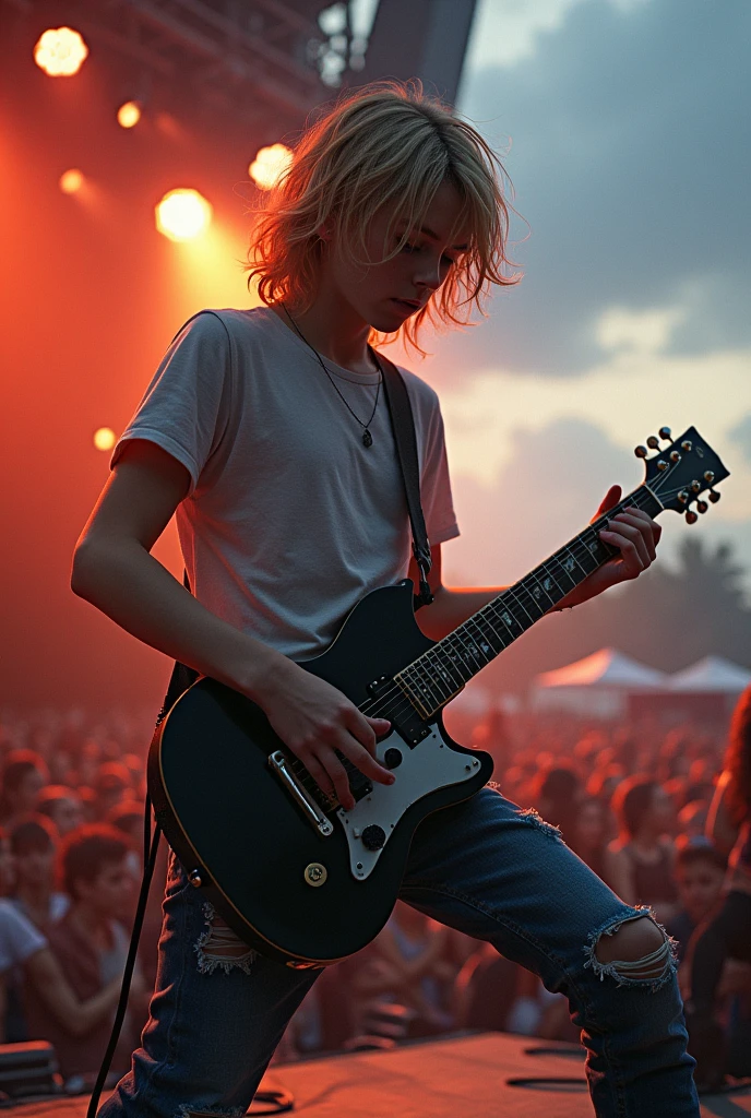 A 15 year old blond boy, with hair down to the end of the neck, playing guitar at a concert wearing grunge clothes