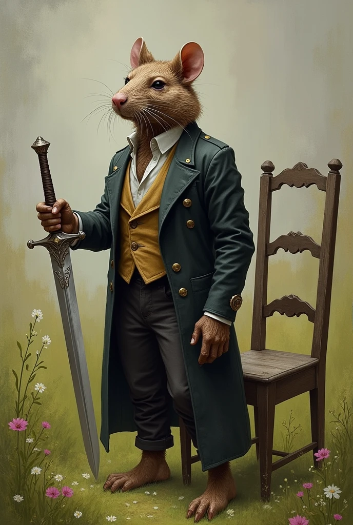 Ratman, with brown fur and white spots, black eyes, dressed in an elegant noble suit, holding a silver-handled greatsword, posing in a meadow with a wooden chair. Antique painting style