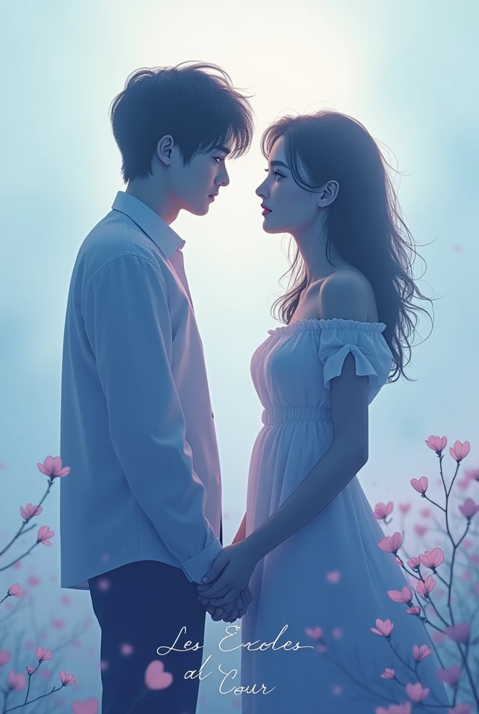 Un design avec deux silhouettes des membres de BTS jeon Jungkook et Park jimin
se tenant la main ou se regardant intensément, symbolisant leur connexion profonde. Le fond pourrait être un dégradé de couleurs douces, comme des bleus et des violets, pour évoquer la sérénité et l'intensité émotionnelle. Le titre **« Les Échos du Cœur »**écrit en Écriture Poétique et Émotionnelle bien mise en évidence