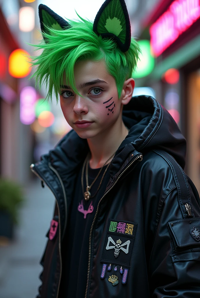 Teen boy cat costume in black jacket and green hair