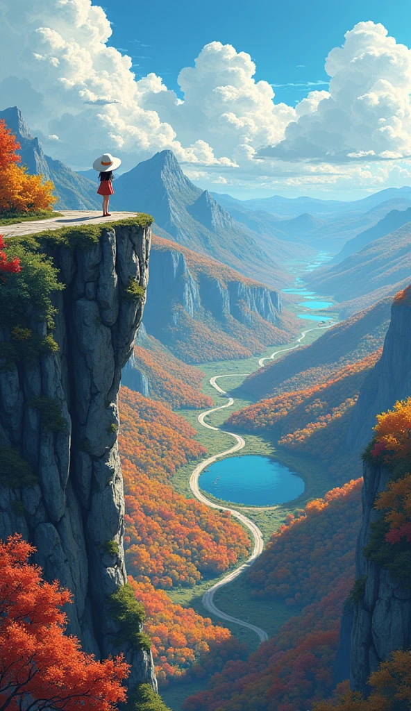 ((masterpiece)), (style anime), ghibli, A pixe art style of landscape view from a high rocky peak, with a girl wearing a white hat and standing on the edge, looking out over a vast valley filled with colorful autumn foliage. The scene includes a winding road that cuts through the landscape and a small lake reflecting the surrounding colors. The sky is filled with clouds, creating a moody atmosphere. The pixelated art style adds a retro, nostalgic feel to the image, preserving every detail including the textures of the rocks, the diversity of the forest colors, and the tranquil lake. Pixel art, cloudy sky