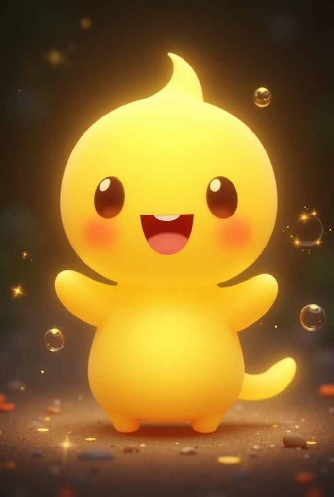 A small, luminous figure with a bright yellow color, perhaps with a big smile and a radiant aura. It can be surrounded by sparkles and bubbles to highlight its happiness..