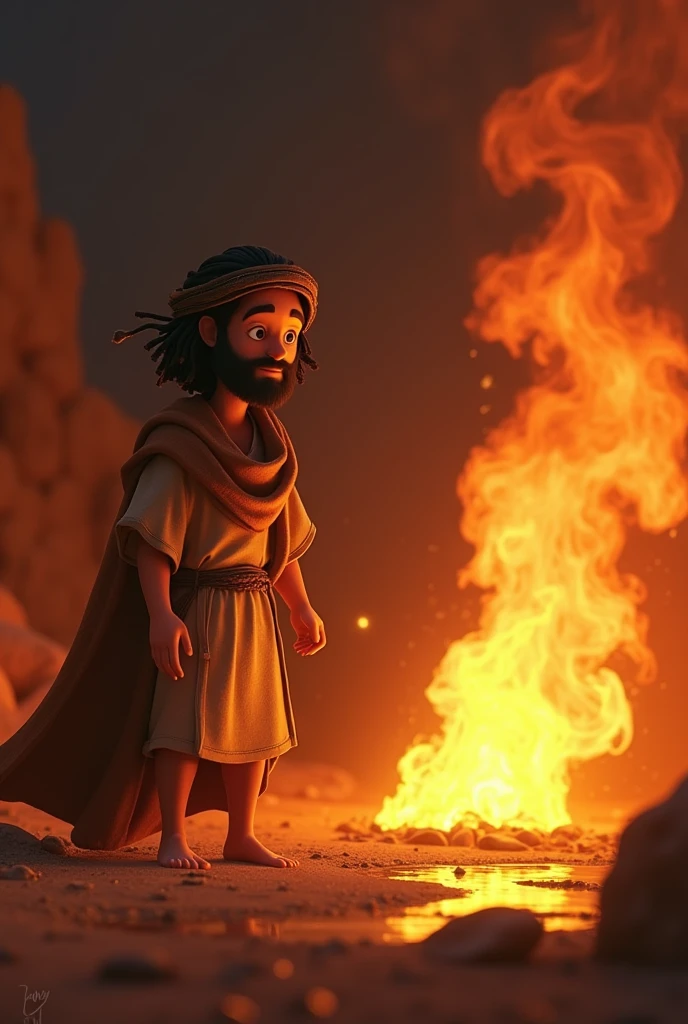 create a pixar photo of the prophet elijah from the bible. he's still young. I want him asking God to send fire from heaven and burning the sacrifice, the altar and the water around it. and the prophets of the god Baal around in fear