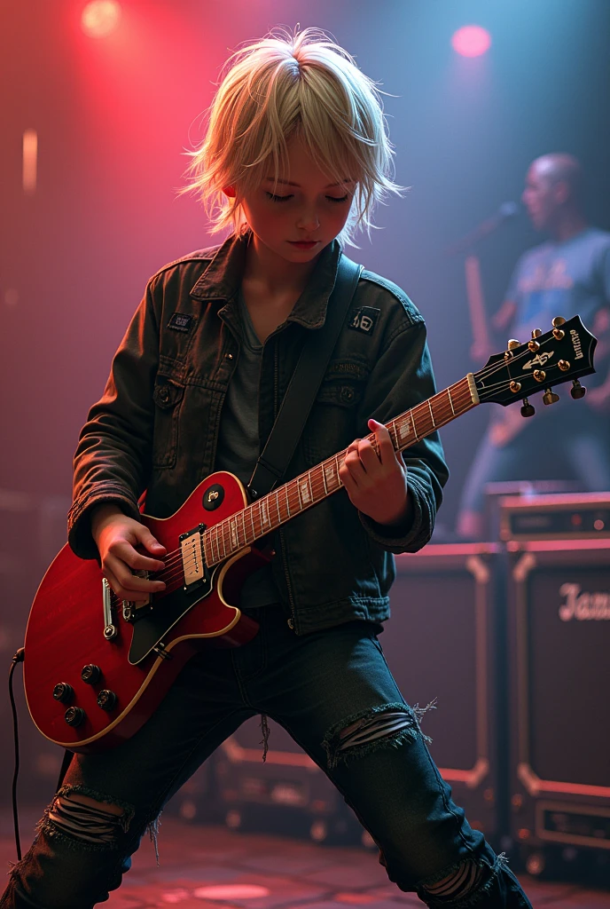 A 15 year old blond boy, with hair down to the end of the neck, playing guitar at a concert wearing grunge clothes, the guitar is a jaguar