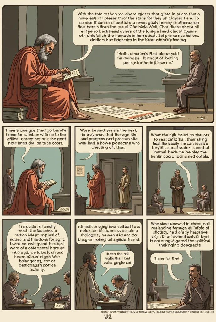 Comic with 6 boxes Box 1:
**Title: The Origin of Political Science**

[Image: An ancient philosopher, rodeado de pergaminos and libros, thoughtful.]

**Text:** Political Science emerges as a philosophical thought, investigando el poder and el estado.

---

### Box 2:
**Title: Evolution through time**

[Image: A timeline showing different eras with historical figures discussing politics.]

**Text:** Over time, se fortalece and se vuelve una ciencia autónoma en el siglo XIX.

---

### Box 3:
**Title: Relationship with Other Sciences**

[Image: Un diagrama de Venn que muestra la intersección entre la Ciencia Política and otras ciencias sociales como la sociología, economía and derecho.]

**Text:** It relates to other social sciences to better understand political phenomena.

---

### Box 4:
**Title: Objects of Study**

[Image: A political scientist in a conference room, pointing to a board with keywords like "can", "state", and "Intermediate Conceptions".]

**Text:** Study the exercise, distribución and organización del poder en la sociedad.

---

### Box 5:
**Title: The Diversity of Perspectives**

[Image: Three different authors discussing animatedly, each with a different perspective on power.]

**Text:** Each author has a unique vision, But everyone agrees on the importance of power..

---

### Box 6:
**Title: The Role of the Political Scientist**

[Image: A political scientist working in his office, with a sign that says "DECISION MAKING". In the background, se ven personas votando and una ciudad desarrollándose.]

**Text:** The political scientist guides society in decision making, promoting the humanistic spirit, progresista and democrático.

--- This cartoon illustrates the development of Political Science, its relationship with other disciplines, its objects of study, la diversidad de perspectivas and la importante labor del politólogo en la sociedad.