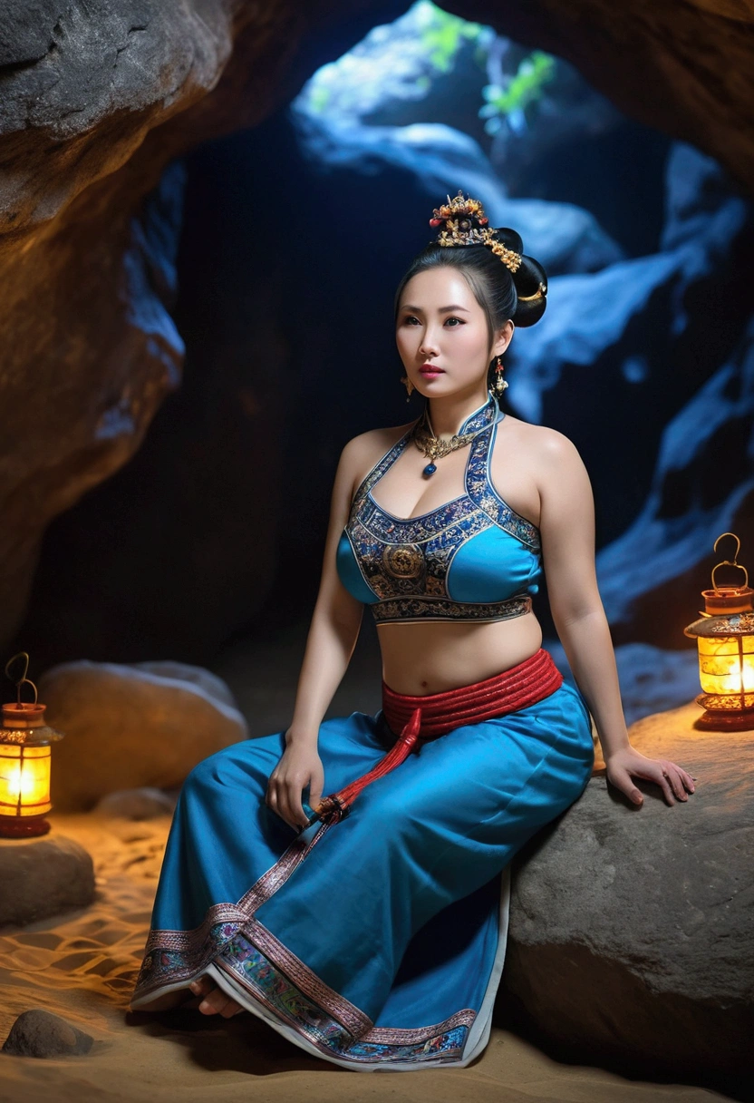 Female model,40 years old,Chinese tribe,thick body type,big breasts,fair skin,big breasts,big ass thick thighs,face fear,Black hair color,bun hair type,blue eye color,traditional costume clothing,whole body distance,dynamic angle,the act of sitting in a cave,place in the cave,dark moon scene lights,realism style