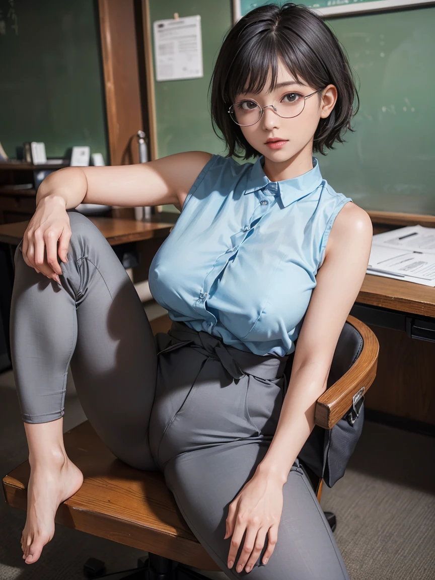 8k, RAW Photos, Highest quality, masterpiece, Realistic, Realistic, (1 Ultimate beauty), Mature Woman,(Strictly adhere to a composition where only one person appears in the photo)、(In the conference room)(Wear rimless glasses)((Wearing a light blue sleeveless shirt))((She is wearing grey trousers.))((female teacher))(Married women) Highly detailed face, (Perfect Teeth), fine grain, double eyelid, eyelash, Lip details, (((Black short bob hair))), (((Very large breasts)))Big Breasts,((Increase nipple protrusion))(((Sitting at a desk、She spreads her legs to emphasize her crotch)))(((She holds her knees and spreads her legs wide)))(((Spread your legs in an M shape)))(((Emphasize the bite of the crotch)))Cowboy Shot,  Soft Light, ((Written boundary depth)) 
Proceed with caution，((30 years old, Japanese women)), (((moderately fleshy body, Tight waist))), (((Front view, Realistic buttocks,))Front view