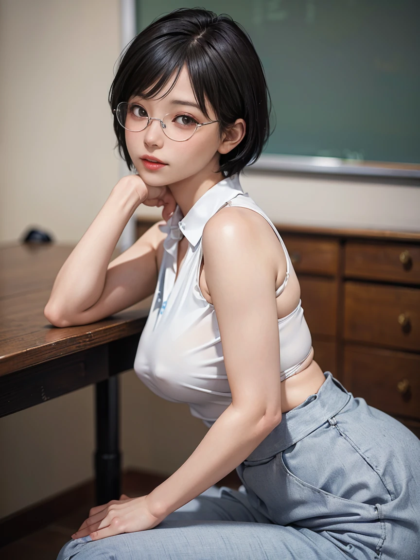 8k, RAW Photos, Highest quality, masterpiece, Realistic, Realistic, (1 Ultimate beauty), Mature Woman,(Strictly adhere to a composition where only one person appears in the photo)、(In the conference room)(Wear rimless glasses)((Wearing a light blue sleeveless shirt))((She is wearing grey trousers.))((female teacher))(Married women) Highly detailed face, (Perfect Teeth), fine grain, double eyelid, eyelash, Lip details, (((Black short bob hair))), (((Very large breasts)))Big Breasts,((Increase nipple protrusion))(((Sitting at a desk、She spreads her legs to emphasize her crotch)))(((She holds her knees and spreads her legs wide)))(((Spread your legs in an M shape)))(((Emphasize the bite of the crotch)))Cowboy Shot,  Soft Light, ((Written boundary depth)) 
Proceed with caution，((30 years old, Japanese women)), (((moderately fleshy body, Tight waist))), (((Front view, Realistic buttocks,))Front view