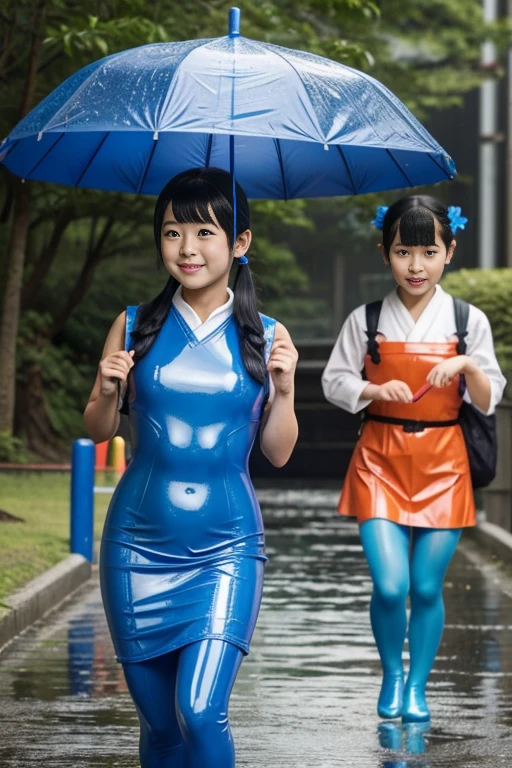 Live Action Japanese and two researchers Wearing a blue rubber dress Mermaid. Clown Makeup Latex full body tights rain gear The face is blue