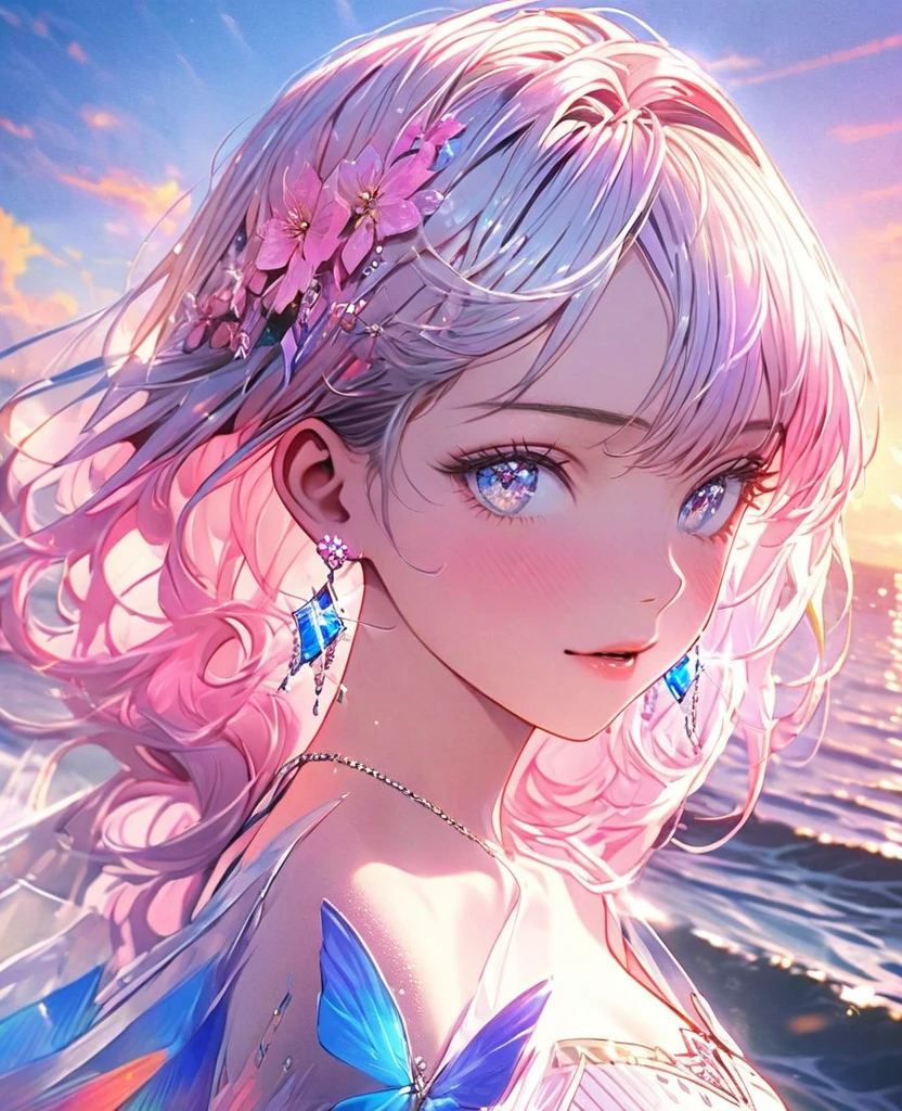 8k,Ephemeral beauty，Very delicate and beautiful,Beautiful and realistic skin,Sparkling jewel earrings,Long and colorful hair,Beautiful Eyes,good,Beautiful sunset
