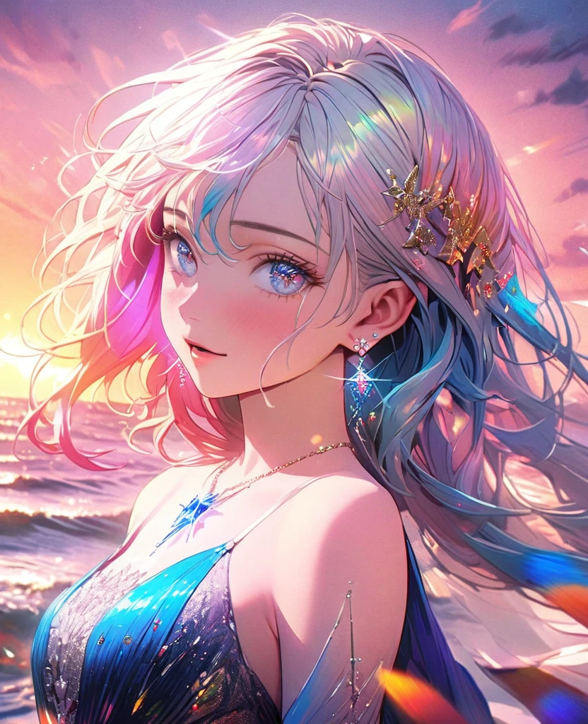 8k,Ephemeral beauty,Very delicate and beautiful,Beautiful and realistic skin,Sparkling jewel earrings,Long and colorful hair,Beautiful Eyes,good,Beautiful sunset