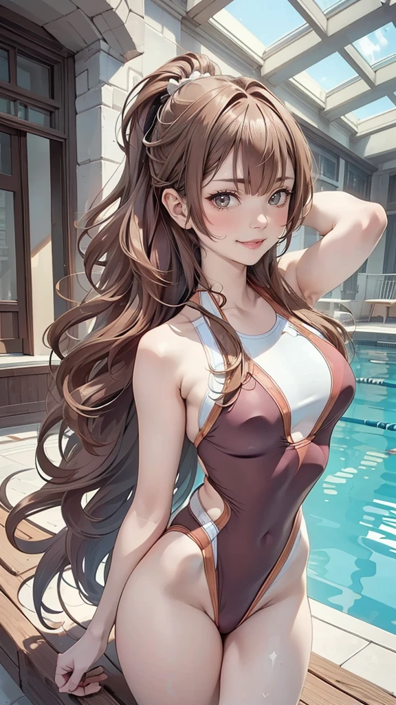 (1girl,(ultra detailed skin),beautiful breasts,large breasts,pale skin,pointy breasts,erect nipples),(Hyperrealist,(8k),ultra-realistic,high detail,high resolution,best quality,masterpiece,Sense of presence,Dynamic,bold),(thin hair:2),(soft hair:2),(straight hair]1.5),Swept long bangs,extra light coppery amber hair,hair over one eye,(clothed:1.5,competition swimsuit:1.5),pool side