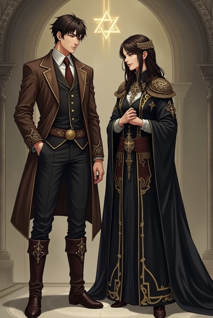 create a high fantasy medieval anime RPG character, create a female and a male character, elements of Jewish culture, this mystical class studies the depth of creation, they try to unravel the greater truth behind all things, are versed in ancient magic, like mantras, prayers, fasts to elevate themselves spiritually, create this class with all the elements of Jewish mysticism and its culture and religion, its clothing must be the most ornate and with extreme similarity to Judaism. put Hebrew names on their clothes and Jewish amulets like the hand of Fatima, star of david among others. This class uses the sacred names of God in Hebrew to cast spells, blessing and curses against your enemies, study sacred gematria and kabbalistic numerology. the colors of your clothes should be dark brown, light brown and black. the male character must wear a suit and the female character a large cloak, with mystical inscriptions in Hebrew.
