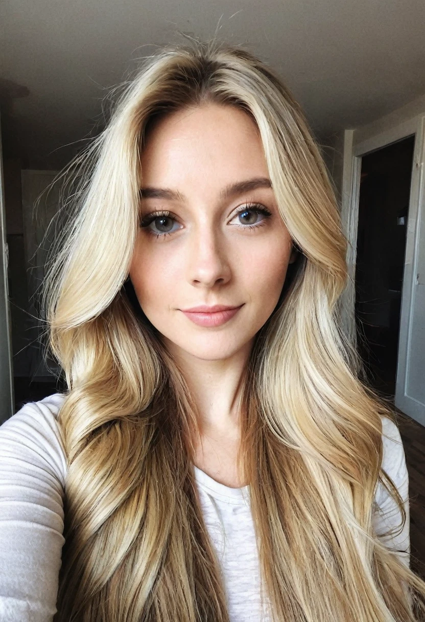 Blonde long hair selfie with her hand in front where her fingers are visible 