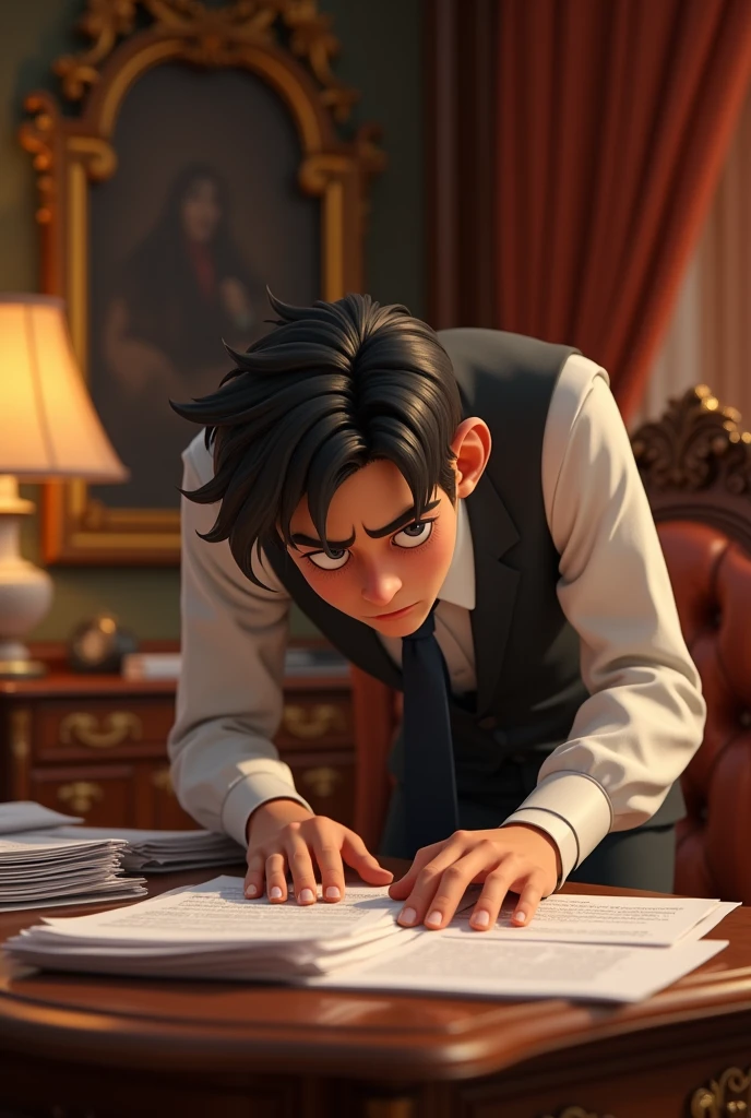 A sad successful young business search papers in a fancy house office, portrait, pixar style, 3d , high-aesthetic, cinematic, masterpiece