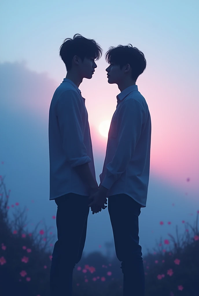 Un design avec deux silhouettes des membres de BTS jeon Jungkook et Park jimin
 se tenant la main ou se regardant intensément, symbolisant leur connexion profonde. Le fond pourrait être un dégradé de couleurs douces, comme des bleus et des violets, pour évoquer la sérénité et l'intensité émotionnelle. Le titre **« Les Échos du Cœur »**écrit en Écriture Poétique et Émotionnelle bien mise en évidence 