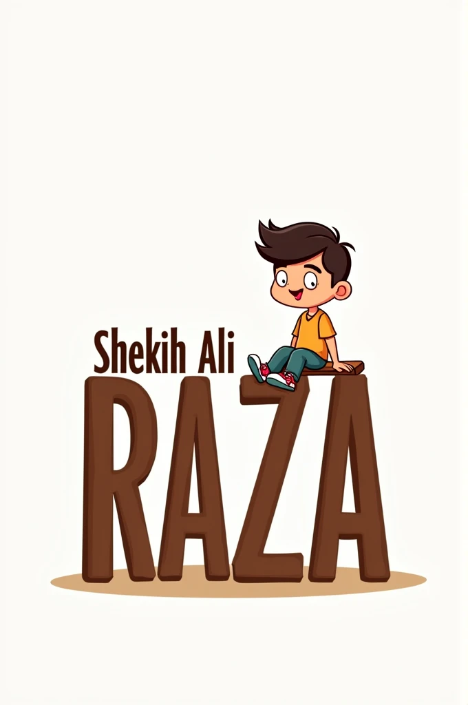 "An illustrated image with the text 'Sheikh Ali Raza' written prominently in bold letters. On top of the text, a cartoon boy is sitting casually. The boy has a playful expression, wearing a simple outfit, and is positioned comfortably as if the text is a bench. The background is minimal, keeping the focus on the boy and the text."