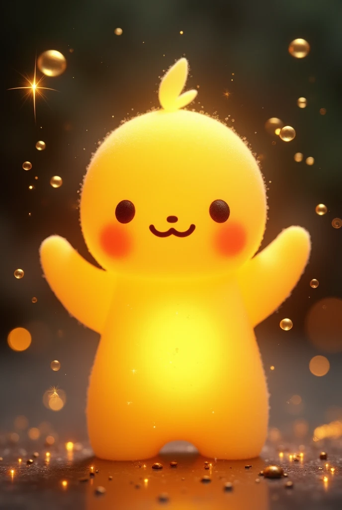 A small, luminous figure with a bright yellow color, perhaps with a big smile and a radiant aura. It can be surrounded by sparkles and bubbles to highlight its happiness..