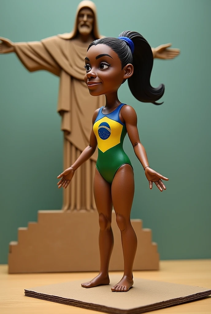 
{
  "size": "1024x1024",
  "prompt": "Create a cardboard cutout statue of Rebeca Andrade for a school project. The statue should represent her athletic build with medium-brown skin, long black hair tied back in a ponytail, and dressed in a vibrant gymnastics leotard featuring Brazilian colors (green, yellow, and blue). The statue should be made from cardboard, with careful attention to detail. In the background, include a simplified cardboard cutout of the Cristo Redentor statue, also crafted from cardboard. The scene should be designed to resemble a creative, handmade school project."
}