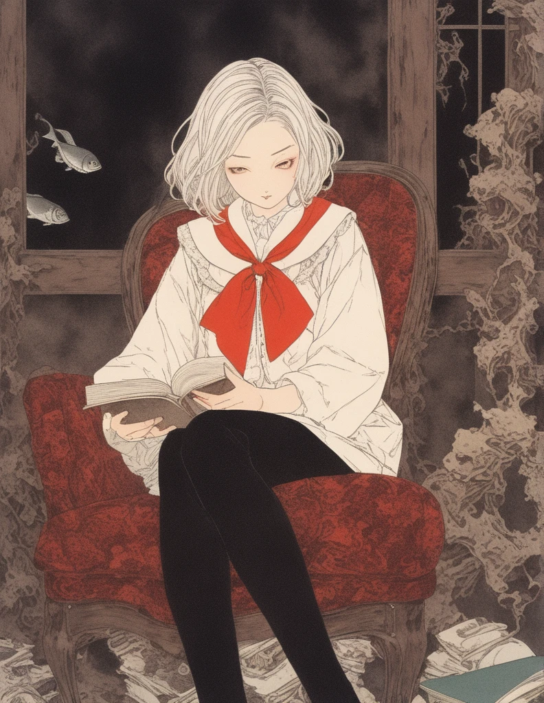 Japanese line drawing , Produce an illustration of a beautiful girl sitting on an antique chair and reading a book in a library under the sea. The main character is a high school girl with medium white hair. She is wearing a sailor uniform with a red ribbon tied around her neck. she is wearing loafers. fantay view . The library is underwater . full of fish . Please make it look like the key visual of the anime. --s 1000 --c 1 --style raw --niji 6, knots, BDSM , Floral Damask Background , Takato Yamamoto style ,