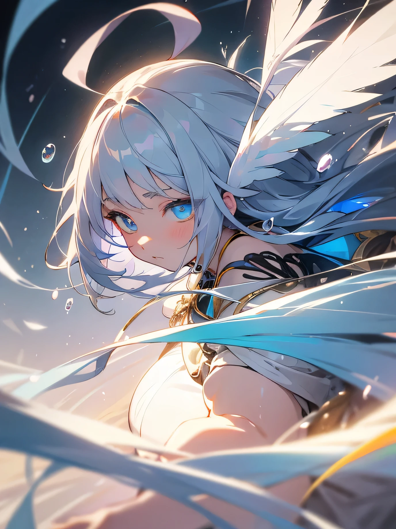 kawaii, anime, Cute, hyper quality, highly detailed, 8k, Clarity, Draw facial expressions in detail, long silver hair woman, mysterious, Beautifully depict the eyes, highlight on eyes, clarify shadows, Feathers dance, full of light, Rainbow colored light in your eyes, Make the background stand out, draw the whole body, light pours from heaven, make light and darkness clear, summer sunshine, Clarify the contrast between light and shadow, Make the contrast of color saturation clear, strengthen contrast, Improve the depiction of eyes, pull point, Draw water droplets realistically, summer festival, iris, Dynamic feeling, eye color is blue, Draw the whole body using perspective, 	