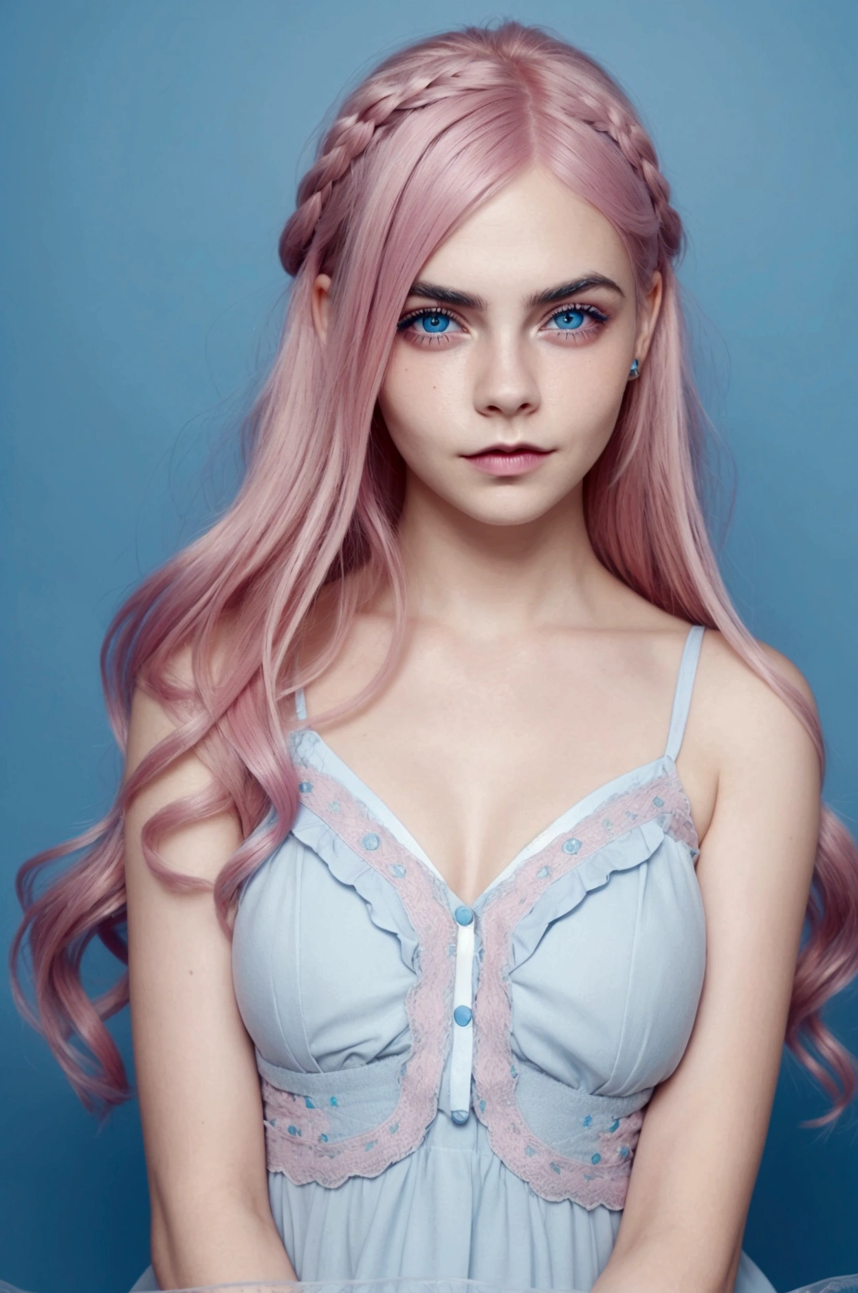 create a girl like cara delavigne with pink hair and blue eyes and cute look and blue hair