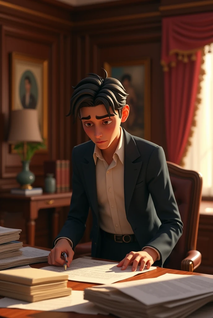 A sad successful young business search papers in a fancy house office, pixar style, 3d , high-aesthetic, cinematic, masterpiece