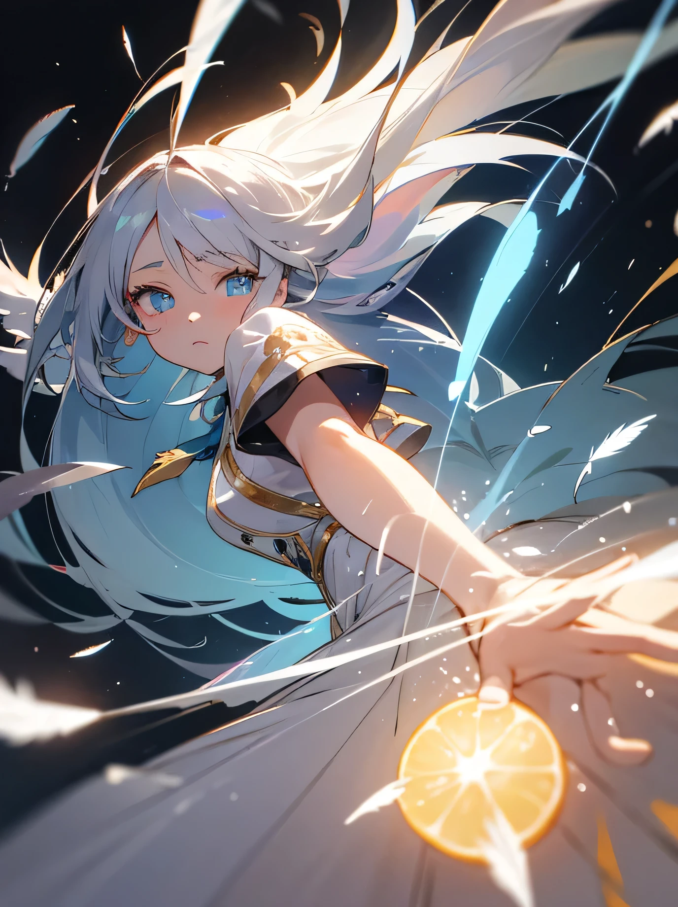 kawaii, anime, Cute, hyper quality, highly detailed, 8k, Clarity, Draw facial expressions in detail, long silver hair woman, mysterious, Beautifully depict the eyes, highlight on eyes, clarify shadows, Feathers dance, full of light, Rainbow colored light in your eyes, Make the background stand out, draw the whole body, light pours from heaven, make light and darkness clear, summer sunshine, Clarify the contrast between light and shadow, Make the contrast of color saturation clear, strengthen contrast, Improve the depiction of eyes, pull point, Draw water droplets realistically, summer festival, iris, Dynamic feeling, eye color is blue, Draw the whole body using perspective, 	