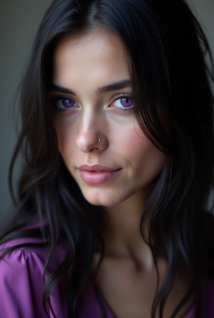Woman, purple eyes, long dark hair