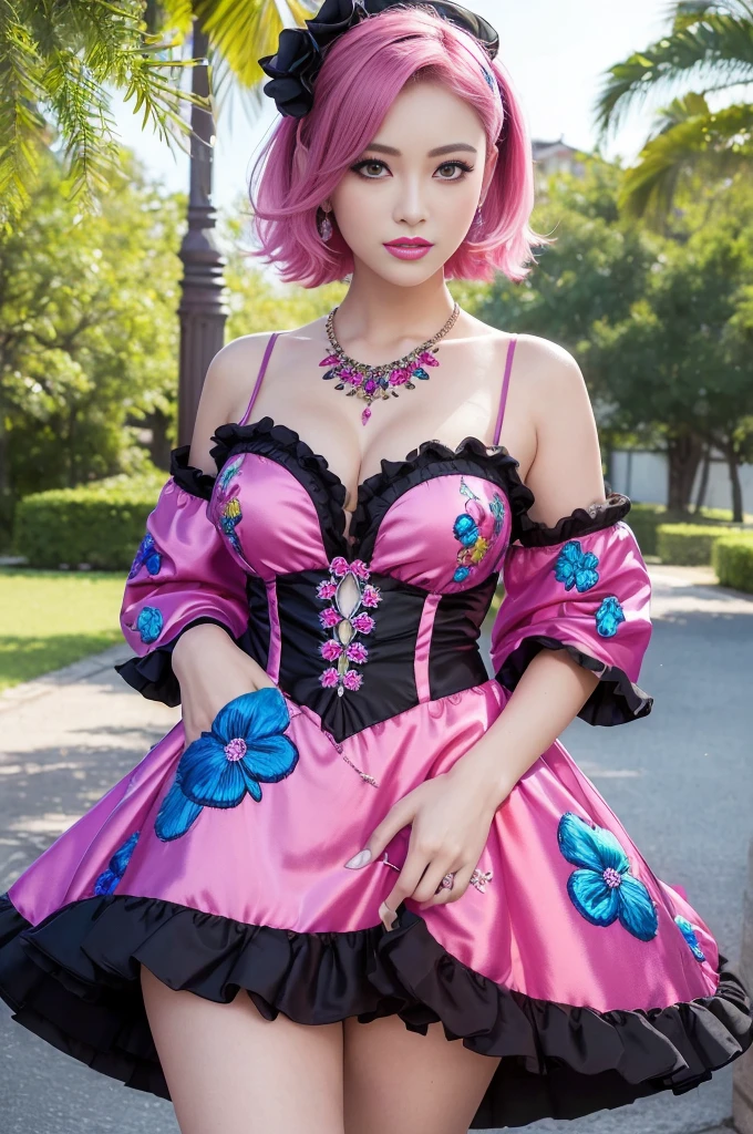(masterpiece:1.4), (best quality:1.4), ultra high res, ultra high resolution, ((detailed facial features)), HDR, (realistic, photorealistic, photo-realistic:1.37), full body Esbian, sexy swedish model, (-anime), only 1 model, (vivid colors), ((vivid colors multicolor (fuchsia, pink, light purple) very short hair)), ((beautiful smile)), lip-gloss, long lashes, ultra detailed makeup, defined eyebrows, wearing large sparkling colorful jewelery, wearing a red silk Paradise Kiss cosplay dress with black floral embroidery, ((vivid colors outfit)), (vivid colors), look at the camera, cinematic light, large park background with trees, sweet and sexy pose