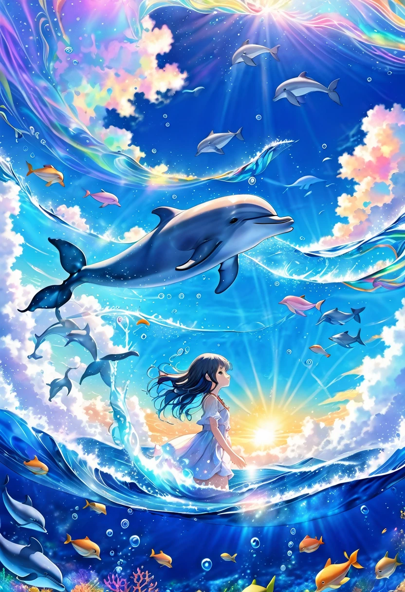 Photo of a dolphin swimming in a colorful ocean, Check the configuration,Light blue long hair、beautiful girl with twin tails、Whale in the Sky, Cyril Rollandに触発されて, Dreamy psychedelic anime, Colorful anime movie background, Beautiful artwork illustration, author:pit, Colorful concept art, Cyril Rolland, Cyril Rolland風, Flying Whale, Highly detailed watercolor 8k, Very detailedな水彩画 8k,Octane,OK,Realistic,8k,Makoto Shinkai's Style( Streamlined Design, Clear lines, High Sharpness,Highest quality, Very detailed, masterpiece, Cinematic Lighting Effects, 4K )
